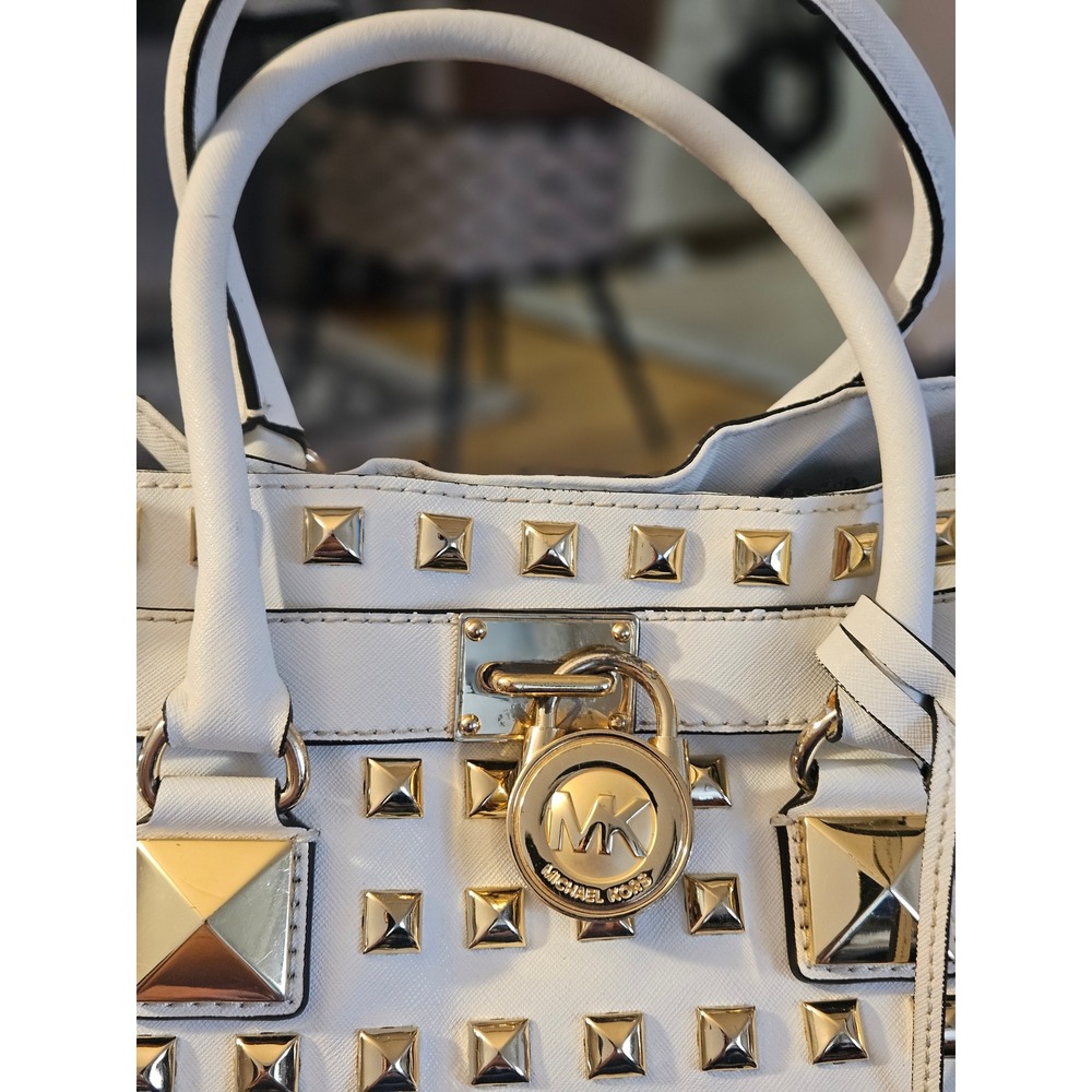 Michael Kors Hamilton Satchel White Saffiano Leather Gold Studded MK Padlock Bag - Picture 2 of 14